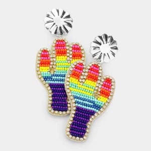 NUOVI orecchini cactus bordati strass perle semi serape multicolore arcobaleno - Foto 1 di 1