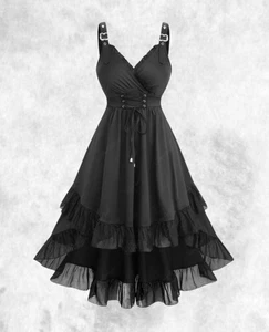 New Black Gothic Corset Front Buckle Wrap Effect Hi-Low Dress size 3XL 22 24 26 - Picture 1 of 5