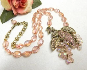 PINK CRYSTAL BEAD, MULTICOLOR RHINESTONE FLORAL TASSEL PENDANT NECKLACE 20" - Picture 1 of 4