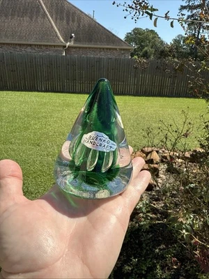 BLENKO GLASS PAPERWEIGHT GREEN SWIRLS SPACE AGE MID CENTURY MODERN LABEL RARE - Image 1 of 4