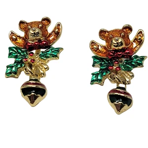 Christmas Teddy Bear w/ Ornament Stud Earrings Gold Tone & Enamel - Picture 1 of 5