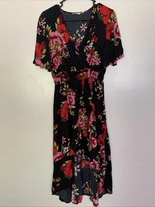 Vestido KorMei Para Mujer Floral Envolvente Talla L Negro Rojo Rosa Boho Midi Manga Corta - Imagen 1 de 7