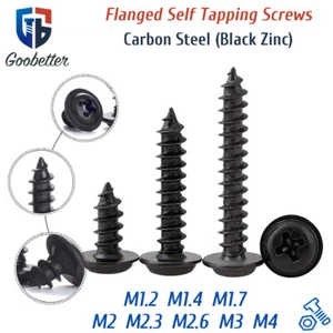 Black Zinc M1.2-M4 Flanged Self Tapping Screws Phillips Flange Head Tappers - Picture 1 of 54