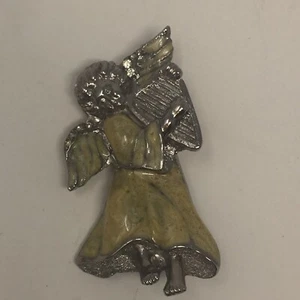Vintage Angel Playing Harp White Enamel & Silver Tone Brooch Pin w/ Rhinestones - Picture 1 of 4