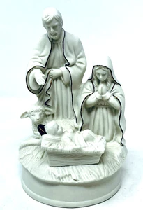 Enesco Heilige Familie weiß Keramik Spieluhr Stille Nacht Goldlackrand Vintage - Bild 1 von 6