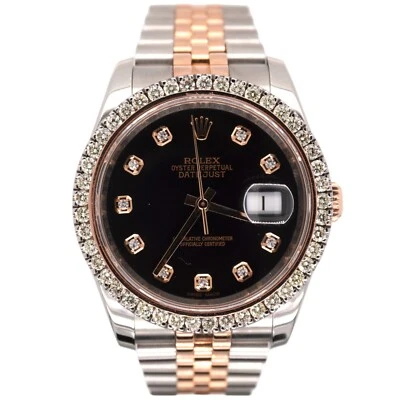 Rolex Datejust 36mm 18k Rose Gold & Steel Watch 2ct Diamonds Jubilee Black Dial - Image 1 of 4