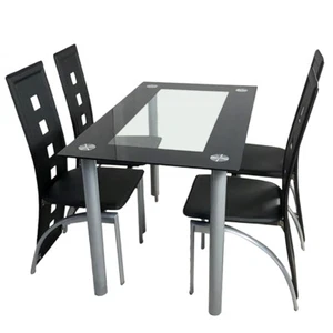 5pcs/set Dining Table Set Tempered Glass Dining Table Chair Kitchen Black/Silver - Picture 1 of 17