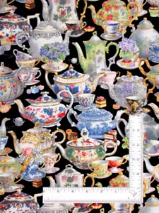 Tea Pot Fabric By The Yard Fancy Tea Cup Kitchen Black Cotton Elizabeths Studio - Picture 1 of 2