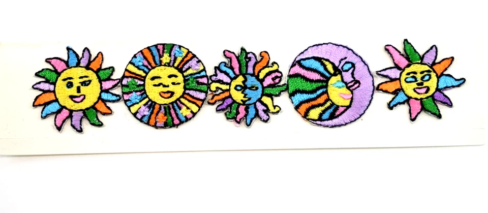 Sun Moon Celestial Patch Row of 5 Embroidered Cut To Fit Iron On Sew On Patches - Image 1 of 1