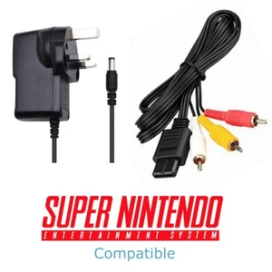 SNES Super Nintendo Power Supply UK Plug + AV RCA TV Lead Bundle - Picture 1 of 4