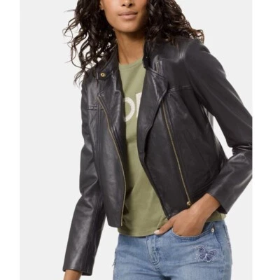 Chaqueta de motociclista Michael Kors para mujer 100 % piel de cordero XS negra dorada nueva con etiquetas Foto 1 de 4