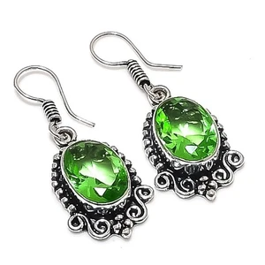 Green Tsavorite Gemstone Handmade 925 Starling Silver Jewelry Earring Size 1.6" - Picture 1 of 1