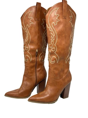 Mujer Talla 9 Vaquera Western Rodilla - Bota Marrón Alta Bordada Gruesa Tacón Alto Foto 1 de 4