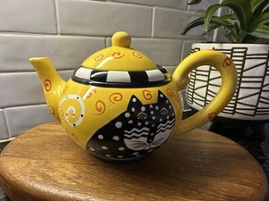 Vintage Laurel Burch 1998 Yellow Teapot with Polka Dot Black & White Cat - Picture 1 of 7