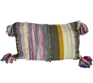 Mixed Textile Lumbar Pillow Tassels Feather Insert 22 x 14 Boho Multicolor K+K - Picture 1 of 10
