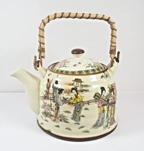 Teapot Chinese Decor Ceramic with Bamboo/Rattan Handle 4 cup capacity - Picture 1 of 10