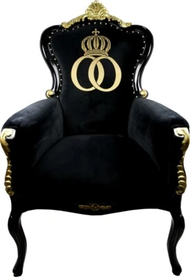Pompöös by Casa Padrino poltrona barocca di lusso Bergere nero/oro con corona dorata - Immagine 1 di 4