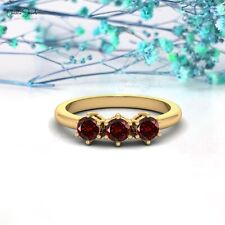 Genuine Red Garnet Three Stone Ring 14k Solid Gold 4mm Gemstone Jewelry For Her