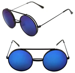 Men's Women's Round Shape Flip up Django Black Sunglasses Clear Blue Mirrored - Picture 1 of 11