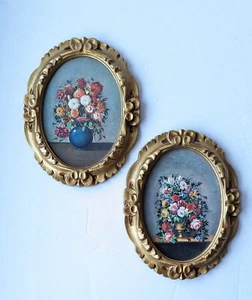 Set Of 2 Vintage Oval Wood Composite GOLD Tone Frames Floral Bouquet Prints - Picture 1 of 13