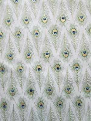 PEACOCK FEATHERS BLUE GRN METALLIC GOLD FEATHERS CREAM COTTON FABRIC FQ  - Image 1 of 4