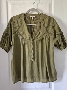 Como Vintage Olive Green Blouse Boho shirt Top - Loose fit Size S - Picture 1 of 3