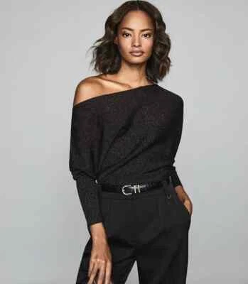 Reiss Maria Chocolate Brown Metallic Off Shoulder Knit Asymmetric Jumper M - Image 1 of 4
