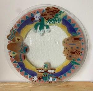 PEGGY KARR 13.75" Round Southwestern Pueblo Themed Fused Glass Platter - GUC - Picture 1 of 6