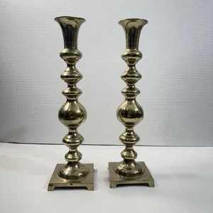 Pair Of Brass Plated Metal Candlestick Holders Gold Colored 10.25” Tall - Picture 1 of 4