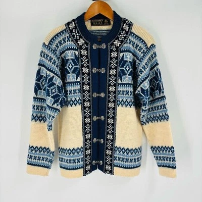 Cárdigan suéter tejido de lana Nordstrikk Fair Isle azul negro crema para mujer grande Foto 1 de 4