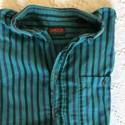 Oakton Limited Striped Button Down Shirt XL Tall Long Teal Purple 90s Portugal - Image 1 of 4