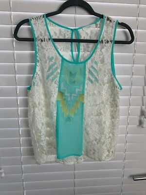Lush White & Mint Green Lace Geometric Tank Sleeveless - Medium - Image 1 of 4