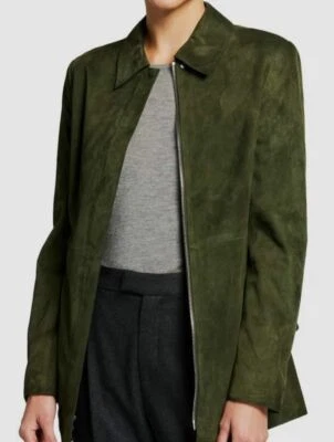 $1195 Theory Women's Green Suede Leather Zip-Up Collared Utility Jacket Size 8 - Image 1 of 4