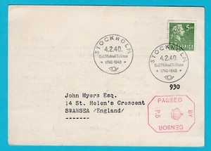 SWEDEN censored card poet Carl Michael Bellman 1940 Stockholm- Swansea, England - Picture 1 of 2