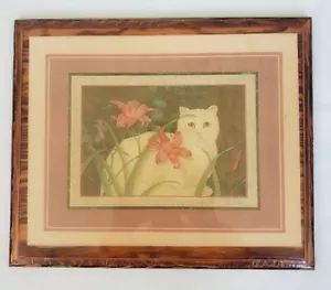 Elizabeth Brownd weiße Katze mit rosa Blumen, decoupaged auf Holz, 9,5 Zoll x 11,5 Zoll - Bild 1 von 5
