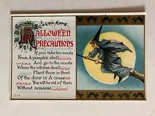 Postcard Halloween Precautions Witch On Broom Moonlight Black Cats #383