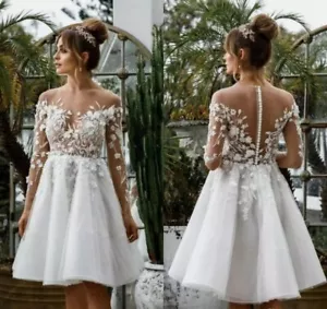 Boho kurz Spitze Applikation Brautkleider Illusion Brautkleid mit langen Ärmeln - Bild 1 von 5