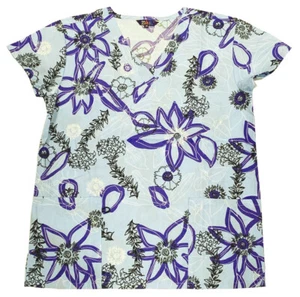 Womens Fashion Medical Nursing Scrub Tops Blue Base Lily Flowers XL - Picture 1 of 2