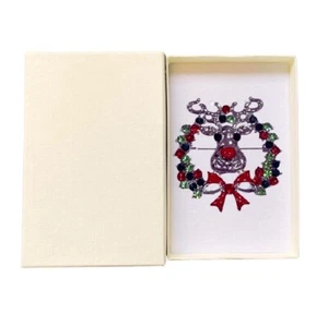 Silberfarbene Kristall Rudolf Geweih Kranz Brosche Anstecknadel Anstecker Geschenkbox Weihnachten - Bild 1 von 2