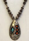 Vintage Turquoise Coral Shadowbox Pendant Fluted Sterling Beads Necklace
