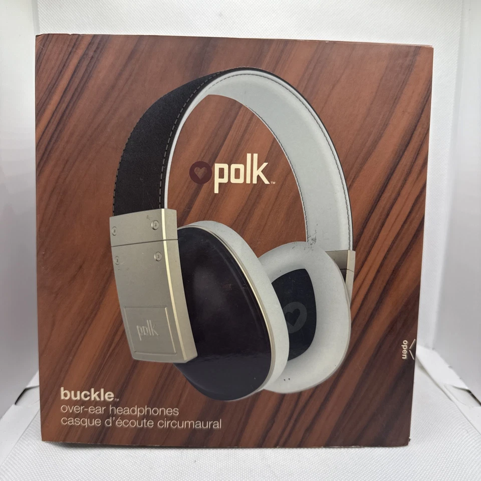 Auriculares sobre la oreja con hebilla Polk marrón caja abierta con cable Foto 1 de 2