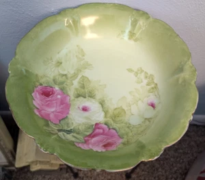 Bavaria Large Green Bowl with Pink Roses and gold rim 10 inch diameter EUC - Picture 1 of 8