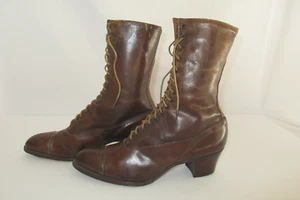 Antique 1910 Edwardian Era Brown Leather High Top Lace-Up Boots Shoes - Picture 1 of 10