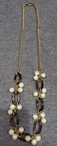 Pre-owned J.Crew Goldtone faux tortoise shell link faux pearl drop necklace 30" - Picture 1 of 4