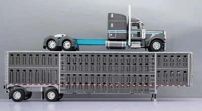 DCP 1/64 Gunmetal Gray Turquoise Peterbilt 389 Wilson Livestock Trailer 60-1789 - Image 1 of 4