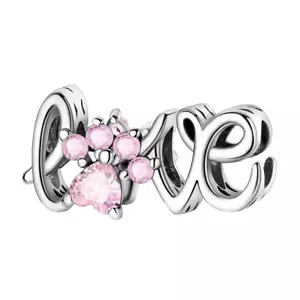 S925 Sterling Silver Pink Paw Print Love Script Bracelet Charm + Gift Bag - Picture 1 of 6