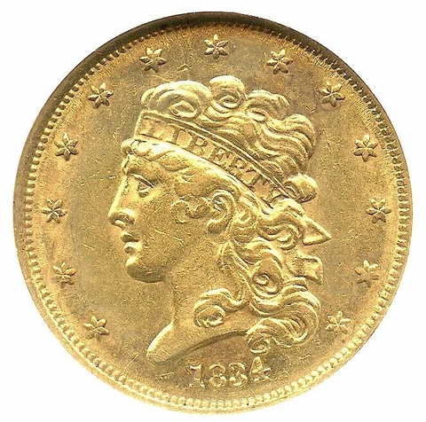 1834 $5 Gold Liberty Half Eagle, NGC AU-58 Plain 4, Attractive Flashy Rare Date! Cover