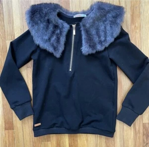 KIDICHIC Black Quarter Zip Top With Faux Fur Lapel Collar Size 10 Long Sleeve - Picture 1 of 5