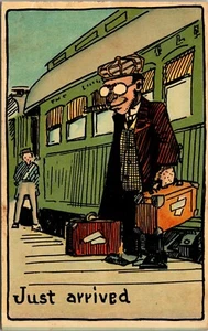 Just Arrived Man with Suitcases Postcard - Picture 1 of 2