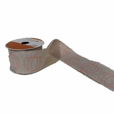 2 1/2” x  20 Ft Celebrate It Ribbon.  Halloween Or Fall. Pumpkins On Beige - Image 1 of 3